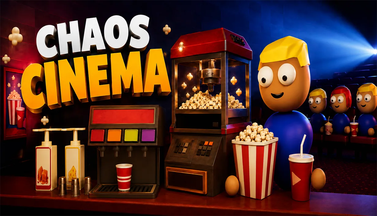 Chaos Cinema key art with popcorn machine, snack counter and cinema visitors