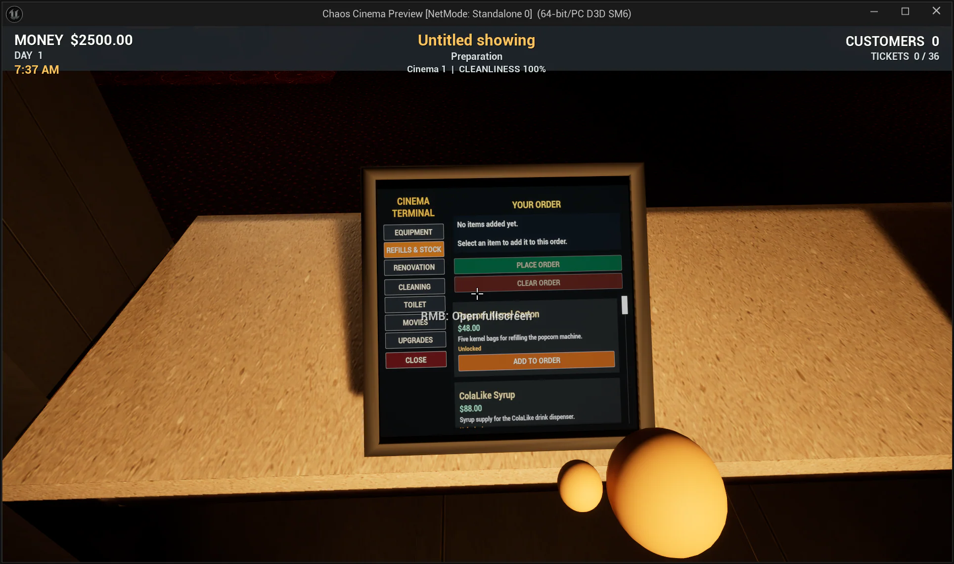Kinoterminal für Ausstattung, Vorräte und Renovierung