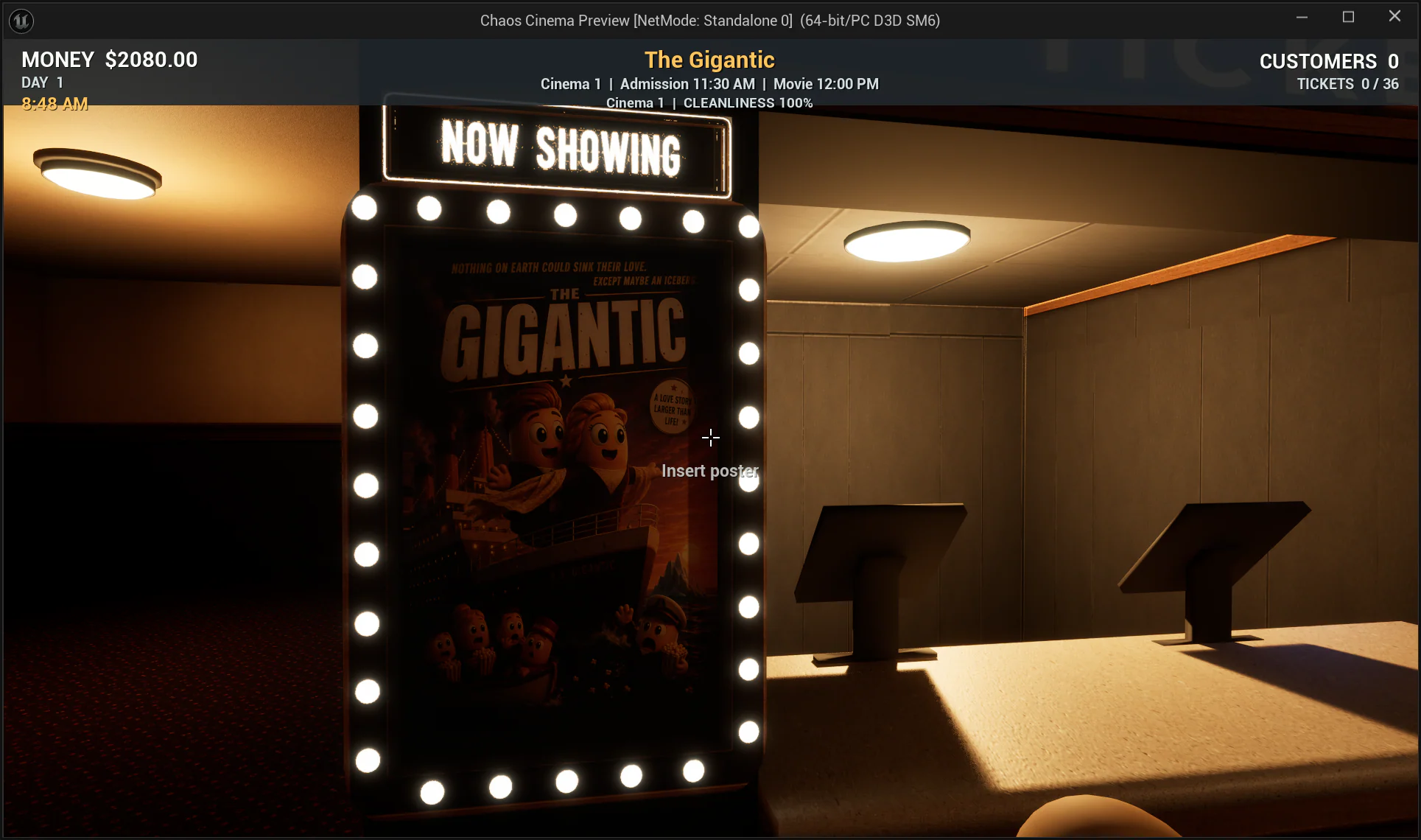 Beleuchtete Now-Showing-Anzeige im Chaos Cinema